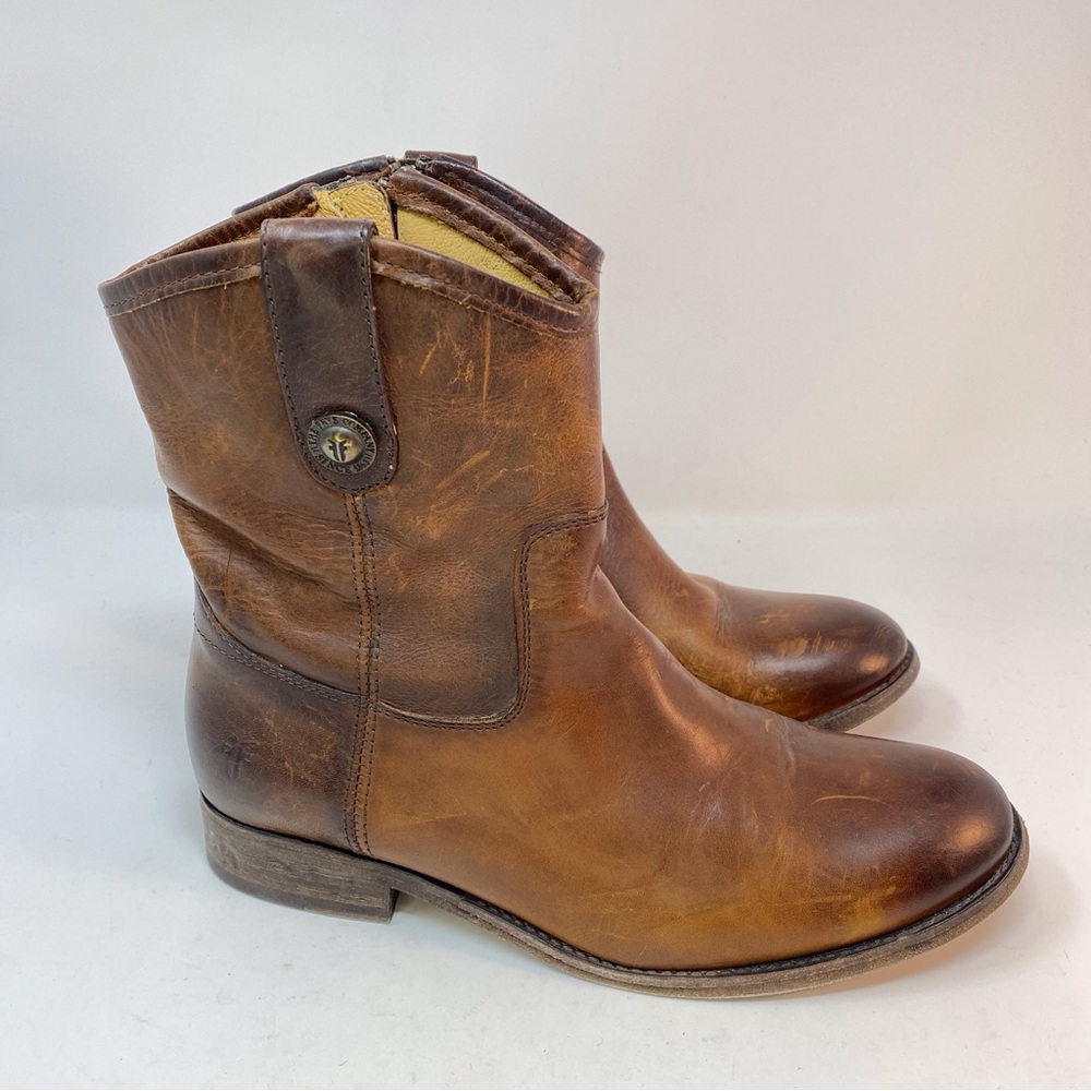 FRYE Melissa Women's 7.5 B Brown Genuine Leather Ankle Boots Cowgirl Zip Up - Picture 2 of 16